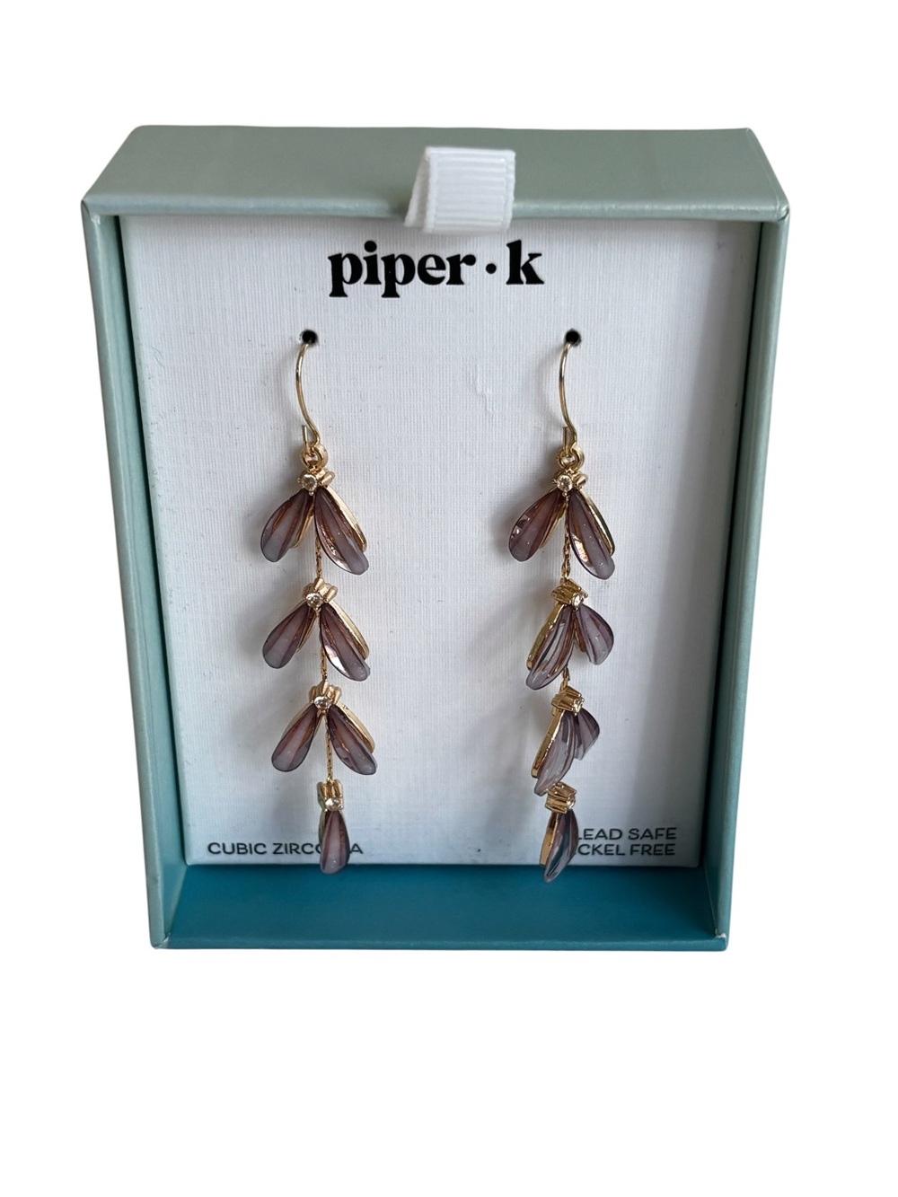 Cascading Iridescent Drop Earrings w/ Multi-tiered Lavender Tinted Leaf Accents.